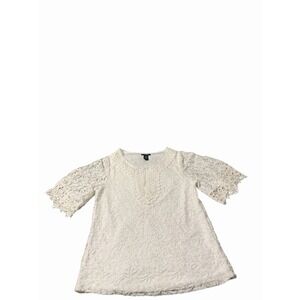 Lauren Michelle Ivory Lace Tunic Top M Crochet Bell Sleeves Boho Romantic Blouse